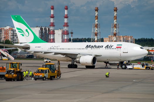 July 2, 2019, Moscow, Russia. Airplane Airbus A310-300 Mahan Airlines at Vnukovo airport in Moscow.