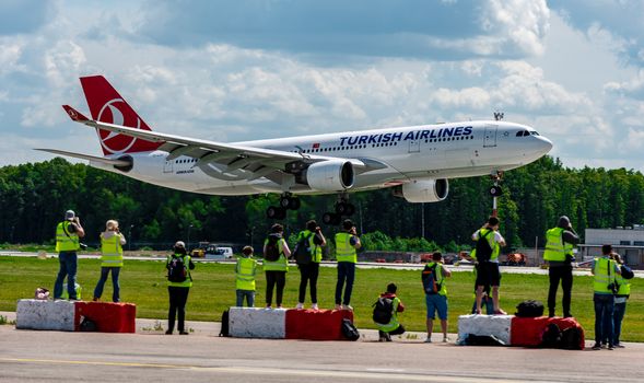 July 2, 2019, Moscow, Russia. Airplane Airbus A330-200 Turkish Airlines at Vnukovo airport in Moscow.
