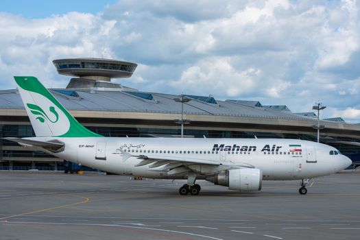 July 2, 2019, Moscow, Russia. Airplane Airbus A310-300 Mahan Airlines at Vnukovo airport in Moscow.