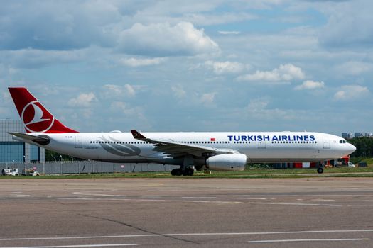 July 2, 2019, Moscow, Russia. Airplane Airbus A330-300 Turkish Airlines at Vnukovo airport in Moscow.