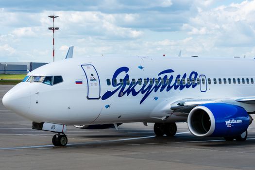July 2, 2019, Moscow, Russia. Airplane Boeing 737-700 I Yakutia Airlines at Vnukovo airport in Moscow.
