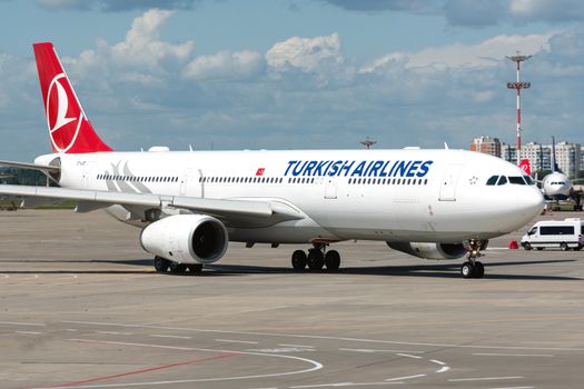 July 2, 2019, Moscow, Russia. Airplane Airbus A330-300 Turkish Airlines at Vnukovo airport in Moscow.