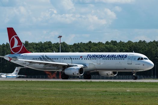 July 2, 2019, Moscow, Russia. Airplane Airbus A321-200 Turkish Airlines at Vnukovo airport in Moscow.