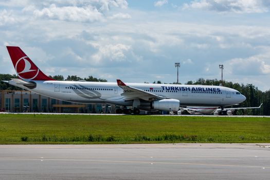 July 2, 2019, Moscow, Russia. Airplane Airbus A330-300 Turkish Airlines at Vnukovo airport in Moscow.