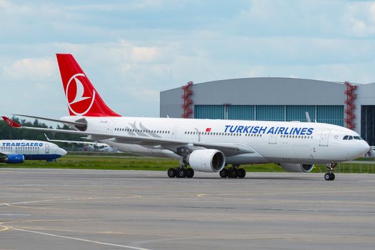 July 2, 2019, Moscow, Russia. Airplane Airbus A330-200 Turkish Airlines at Vnukovo airport in Moscow.