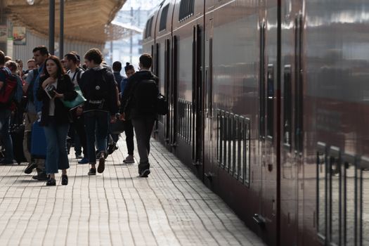 July 2, 2019 Moscow, Russia. Passengers on the platform of the Kiev railway station in Moscow before the departure of the train.