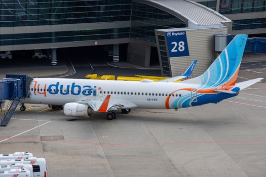 July 2, 2019, Moscow, Russia. Airplane Boeing 737-800 flydubai airline at Vnukovo airport in Moscow.