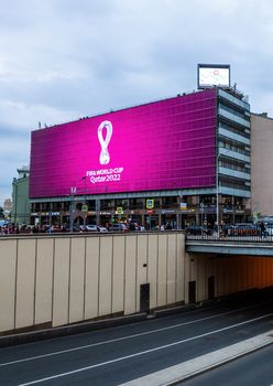 4 September 2019, Moscow, Russia. The logo of the FIFA world Cup 2022, which will be held in Qatar, on a giant screen in the city center.