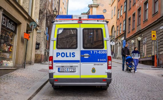 April 22, 2018, Stockholm, Sweden. A police car on a street in the Old Town in Stockholm.
