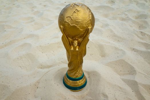 May 30, 2019. Doha, Qatar. FIFA World Cup trophy on sand. FIFA World Cup  2022  will be held in Qatar.