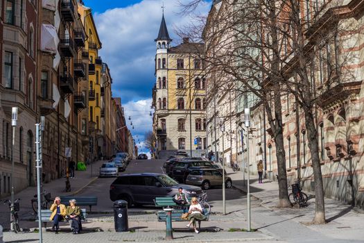 April 22, 2018, Stockholm, Sweden. Passers-by on one of the streets in Stockholm.