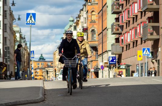 April 22, 2018, Stockholm, Sweden. Cyclists on one of the streets in Stockholm.