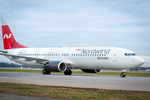 October 29, 2019, Moscow, Russia. Plane 
Boeing 737-800 Nordwind Airlines at Sheremetyevo airport in Moscow.