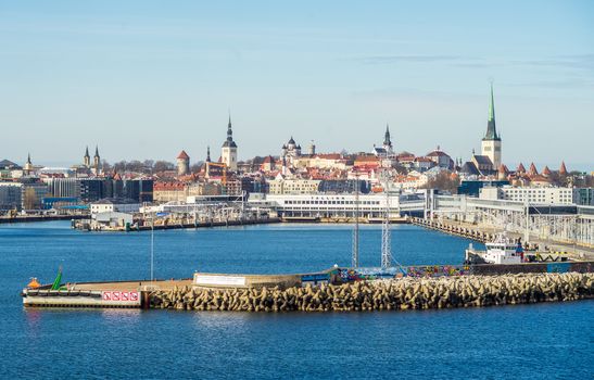 April 23, 2018, Tallinn, Estonia. View of the construction of the Old Town and the passenger terminals of the port in Tallinn.