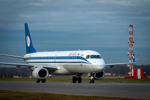 October 29, 2019, Moscow, Russia. Plane 
Embraer ERJ-195 Belavia Airlines at Sheremetyevo airport in Moscow.