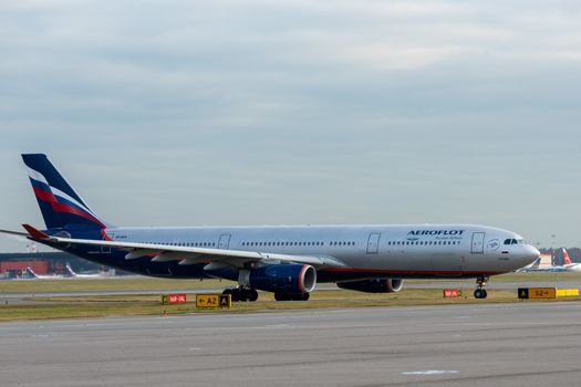 October 29, 2019, Moscow, Russia. Plane 
Airbus A330-300 Aeroflot - Russian Airlines at Sheremetyevo airport in Moscow.