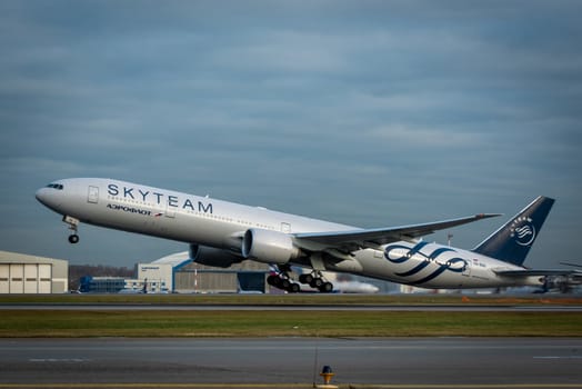 October 29, 2019, Moscow, Russia. Plane 
Boeing 777-300 Aeroflot - Russian Airlines in livery of the international aviation alliance SkyTeam at Sheremetyevo airport in Moscow.