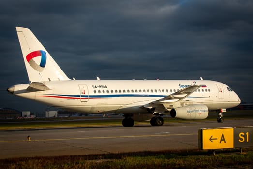 October 29, 2019, Moscow, Russia. Plane 
Sukhoi Superjet 100 Severstal Airlines at Sheremetyevo airport in Moscow.