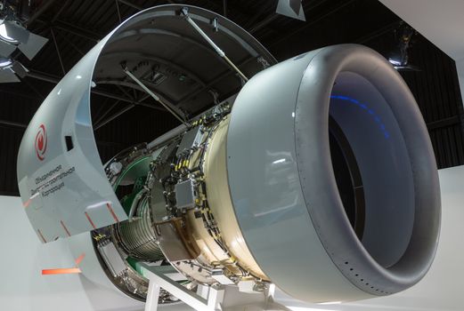 August 30, 2019 Zhukovsky, Russia. Russian advanced civil turbofan aircraft engine PD-14 under development United Engine Corporation.