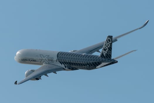 August 30, 2019. Zhukovsky, Russia. long-range wide-body twin-engine passenger aircraft Airbus A350-900 XWB Airbus Industrie at the International Aviation and Space Salon MAKS 2019.