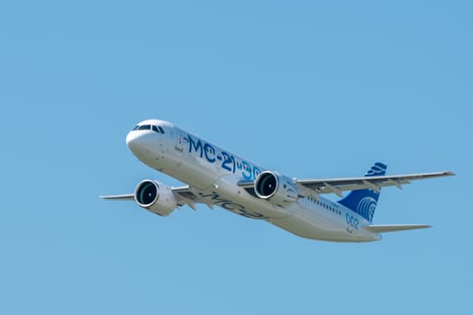 August 30, 2019. Zhukovsky, Russia. Promising Russian medium-range narrow-body passenger aircraft Irkut MC-21 at the International Aviation and Space Salon MAKS 2019.