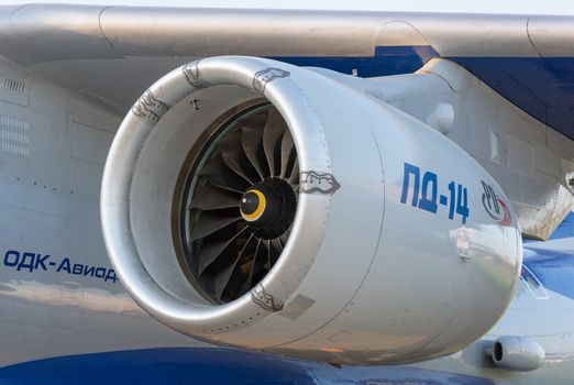 August 30, 2019 Zhukovsky, Russia. Russian advanced civil turbofan aircraft engine PD-14 under development United Engine Corporation.