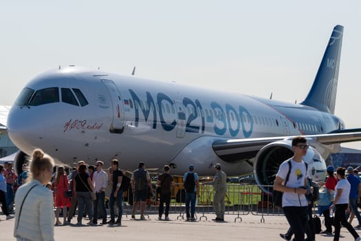 August 30, 2019. Zhukovsky, Russia. Promising Russian medium-range narrow-body passenger aircraft Irkut MC-21 at the International Aviation and Space Salon MAKS 2019.