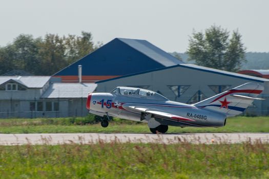 August 30, 2019. Zhukovsky, Russia. Soviet fighter Mikoyan-Gurevich MiG-15 at the International Aviation and Space Salon MAKS 2019.
