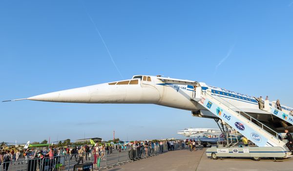 August 30, 2019 Zhukovsky, Russia.  Soviet supersonic passenger aircraft Tupolev Tu-144 at the International Aviation and Space Salon MAKS 2019.