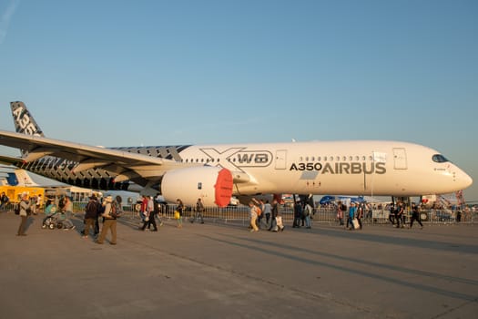 August 30, 2019. Zhukovsky, Russia. long-range wide-body twin-engine passenger aircraft Airbus A350-900 XWB Airbus Industrie at the International Aviation and Space Salon MAKS 2019.