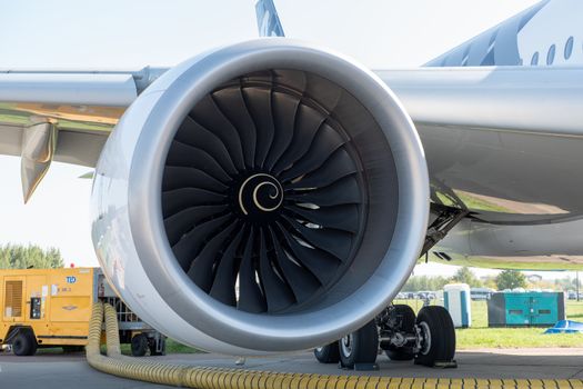 August 30, 2019. Zhukovsky, Russia. Aircraft engine Rolls-Royce Trent XWB long-range wide-body twin-engine passenger aircraft Airbus A350-900 XWB Airbus Industrie at the International Aviation and Space Salon MAKS 2019.