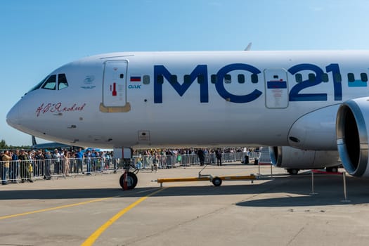 August 30, 2019. Zhukovsky, Russia. Promising Russian medium-range narrow-body passenger aircraft Irkut MC-21 at the International Aviation and Space Salon MAKS 2019.