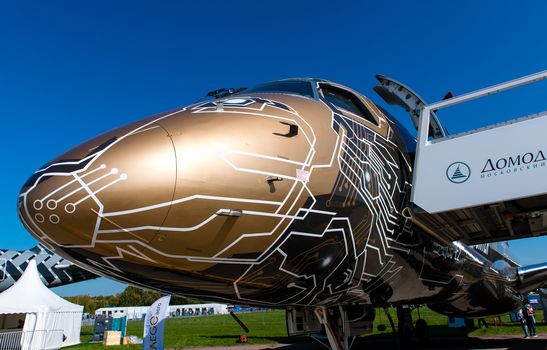 August 30, 2019. Zhukovsky, Russia. Twin-engine narrow-body passenger aircraft Embraer E-Jet E195-E2
at the International Aviation and Space Salon MAKS 2019.