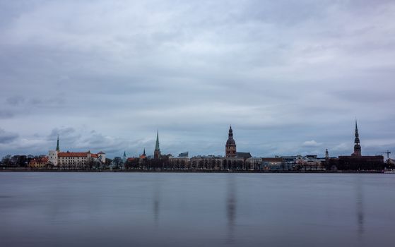 April 24, 2018 Riga, Latvia. View of the Old Town in Riga from the opposite bank of the Daugava River.