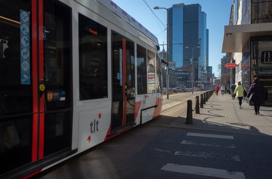 19 April 2019 Tallinn, Estonia. Low-floor tram on one of the streets of the city.