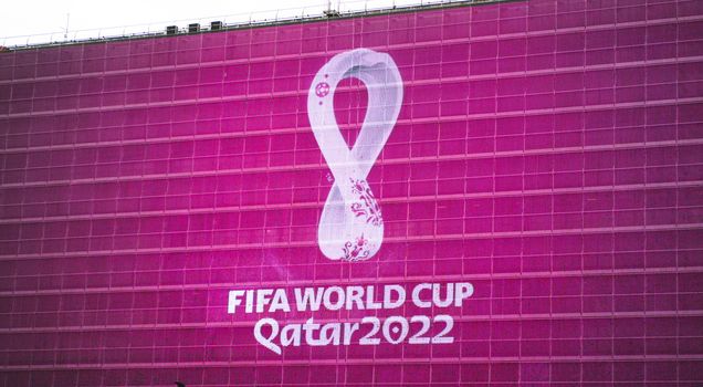 4 September 2019, Moscow, Russia. The logo of the FIFA world Cup 2022, which will be held in Qatar, on a giant screen in the city center.