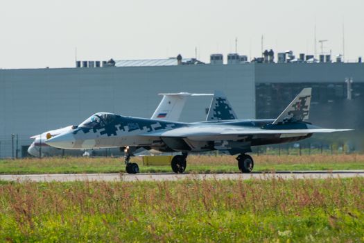 August 30, 2019. Zhukovsky, Russia. fifth-generation promising Russian multi-functional fighter Sukhoi Su-57  at the International Aviation and Space Salon MAKS 2019.
