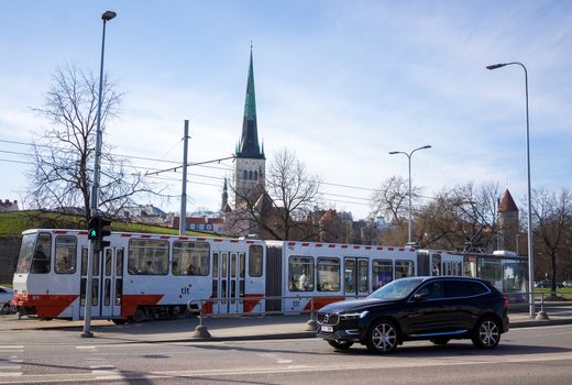 19 April 2019 Tallinn, Estonia. Low-floor tram on one of the streets of the city.
