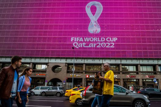 4 September 2019, Moscow, Russia. The logo of the FIFA world Cup 2022, which will be held in Qatar, on a giant screen in the city center.