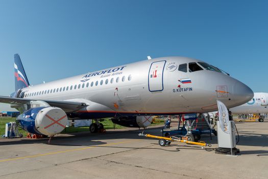 August 30, 2019. Zhukovsky, Russia. Russian short-range narrow-body passenger aircraft  Sukhoi Superjet 100 Aeroflot  Russian Airlines at the International Aviation and Space Salon MAKS 2019.