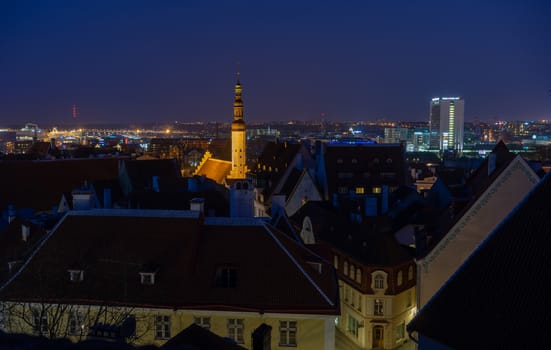 21 April 2018 Tallinn, Estonia. View of the Old town from the observation deck at night