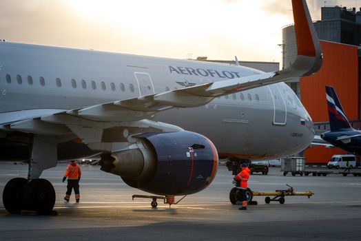 October 29, 2019, Moscow, Russia. Plane 
Airbus A321-200 Aeroflot - Russian Airlines at Sheremetyevo airport in Moscow.