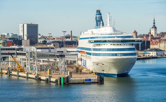 23 April 2019, Tallinn, Estonia. High-speed passenger and car ferry of the Estonian shipping concern Tallink Silja Europa in the port of Tallinn.