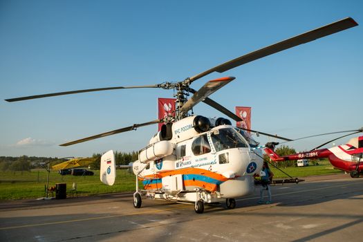August 30, 2019. Zhukovsky, Russia. Russian medium transport helicopter  Kamov Ka-32 at the International Aviation and Space Salon MAKS 2019.