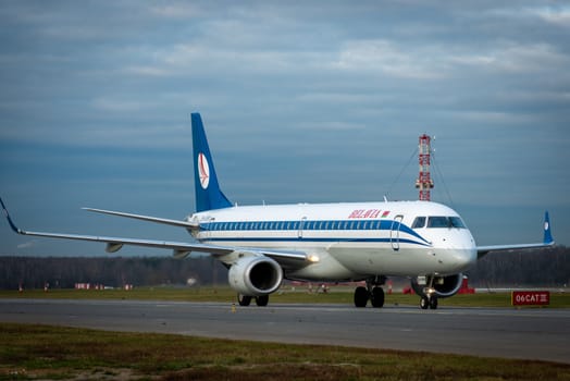 October 29, 2019, Moscow, Russia. Plane 
Embraer ERJ-195 Belavia Airlines at Sheremetyevo airport in Moscow.