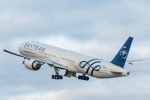 October 29, 2019, Moscow, Russia. Plane 
Boeing 777-300 Aeroflot - Russian Airlines in livery of the international aviation alliance SkyTeam at Sheremetyevo airport in Moscow.