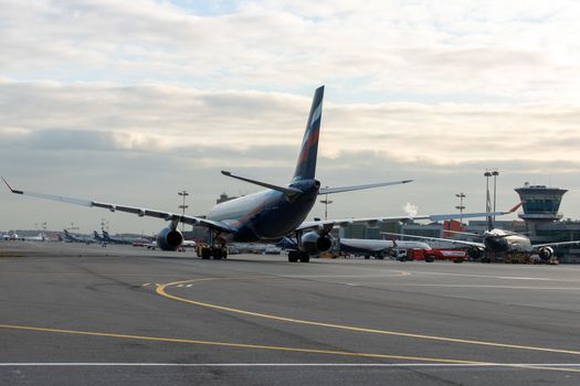 October 29, 2019, Moscow, Russia. Plane 
Airbus A330-200 Aeroflot - Russian Airlines at Sheremetyevo airport in Moscow.