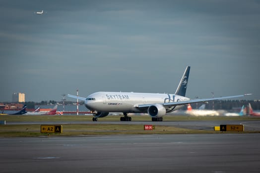 October 29, 2019, Moscow, Russia. Plane 
Boeing 777-300 Aeroflot - Russian Airlines in livery of the international aviation alliance SkyTeam at Sheremetyevo airport in Moscow.