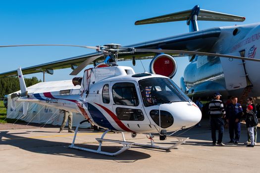 August 30, 2019. Zhukovsky, Russia. french multirole helicopter Eurocopter AS350 Ecureuil at the International Aviation and Space Salon MAKS 2019.