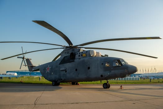 August 30, 2019. Zhukovsky, Russia. Russian heavy multi-purpose transport helicopter Mil Mi-26 at the International Aviation and Space Salon MAKS 2019.